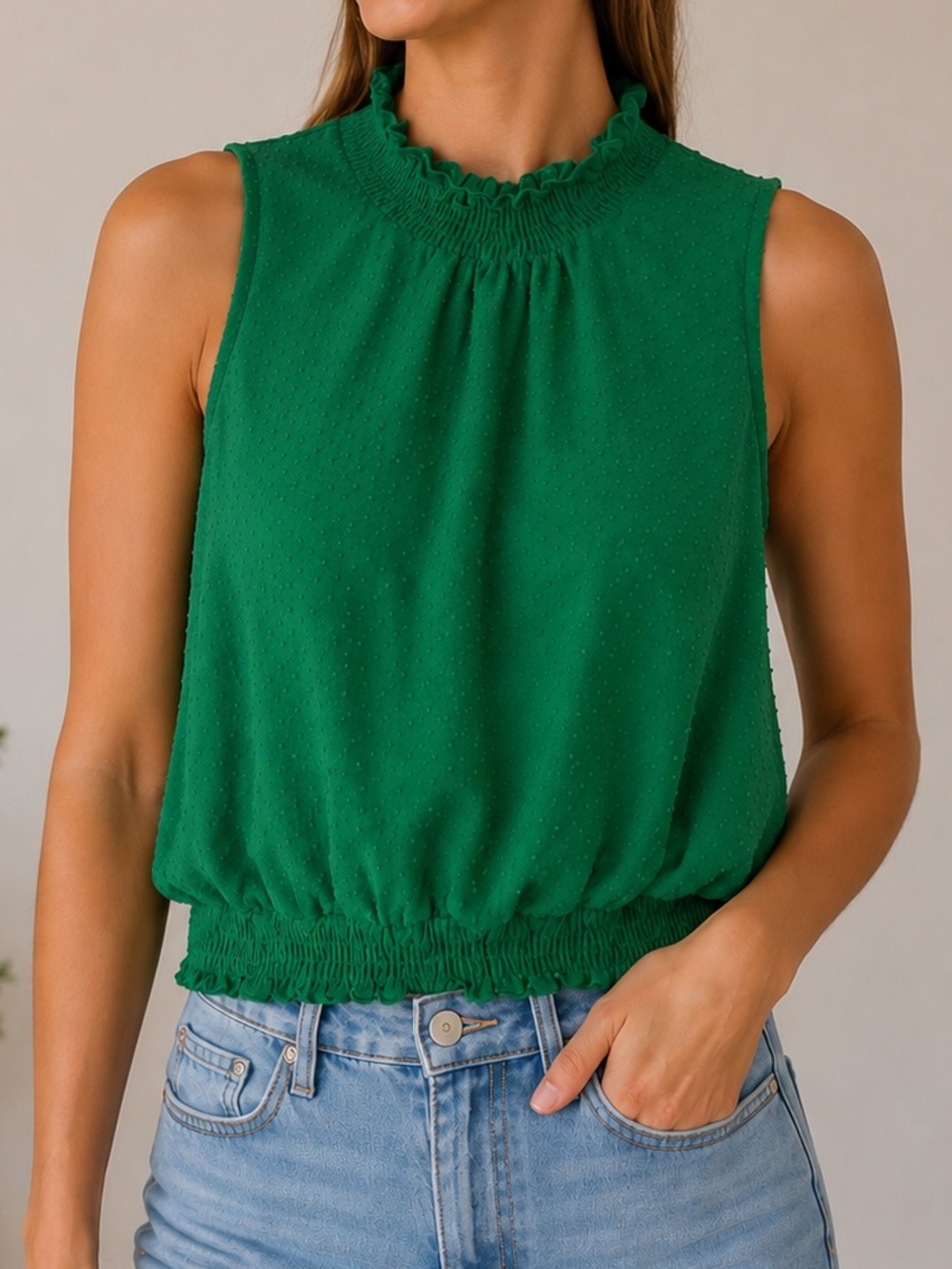 W5 Emerald Green Swiss Dot Mock Neck Sleeveless Blouse Size Medium